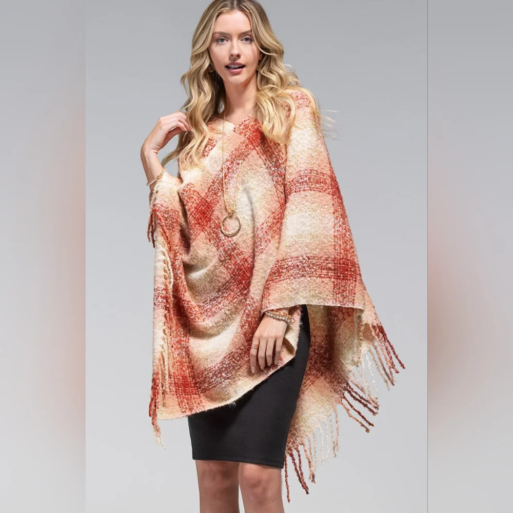 Plaid Poncho w Long Tassel Frunge - Light Burgundy - Natural Creamy Colors - Picture 2 of 4